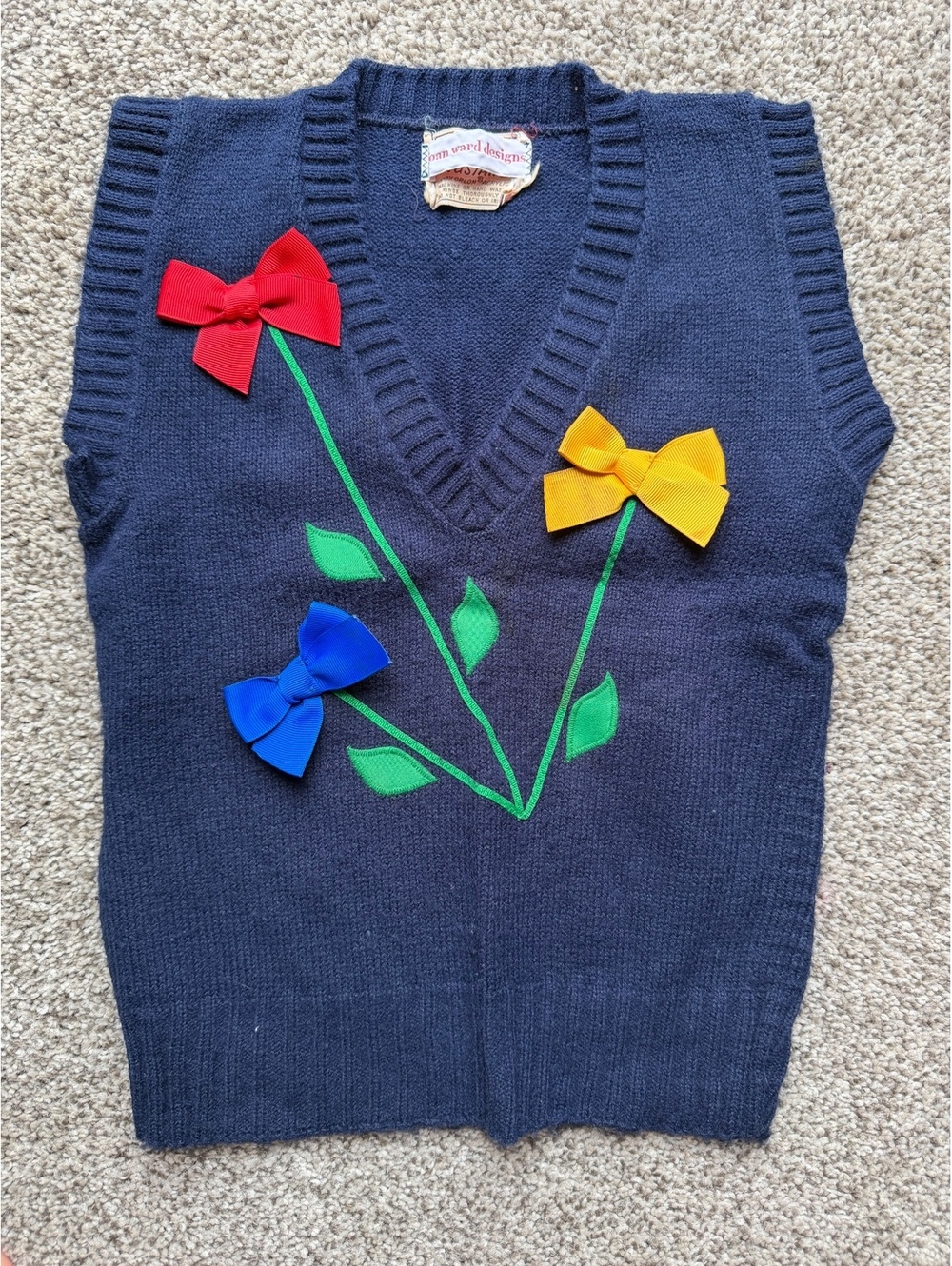 Vintage navy knit sweater vest with colorful bow flower appliques